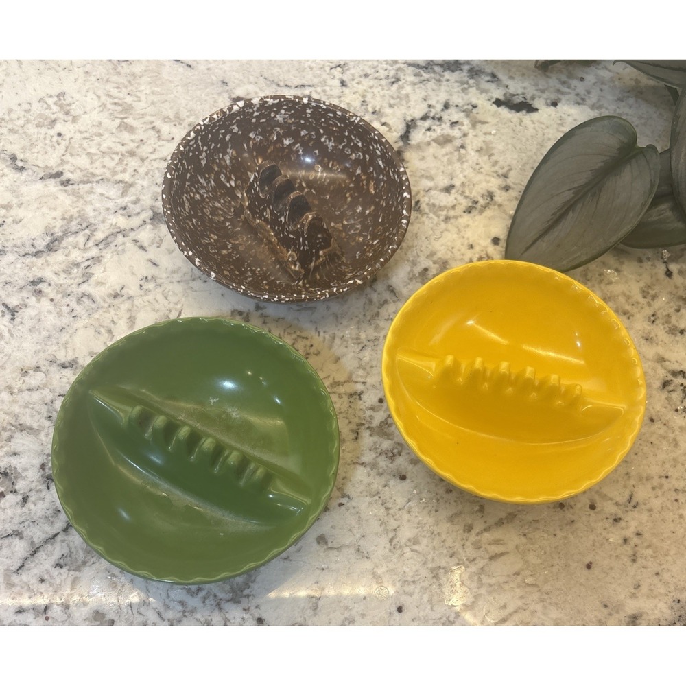 3 Vintage Mid Century Anholt Ashtray Yellow Green Brown Speckle Retro‎ Classic